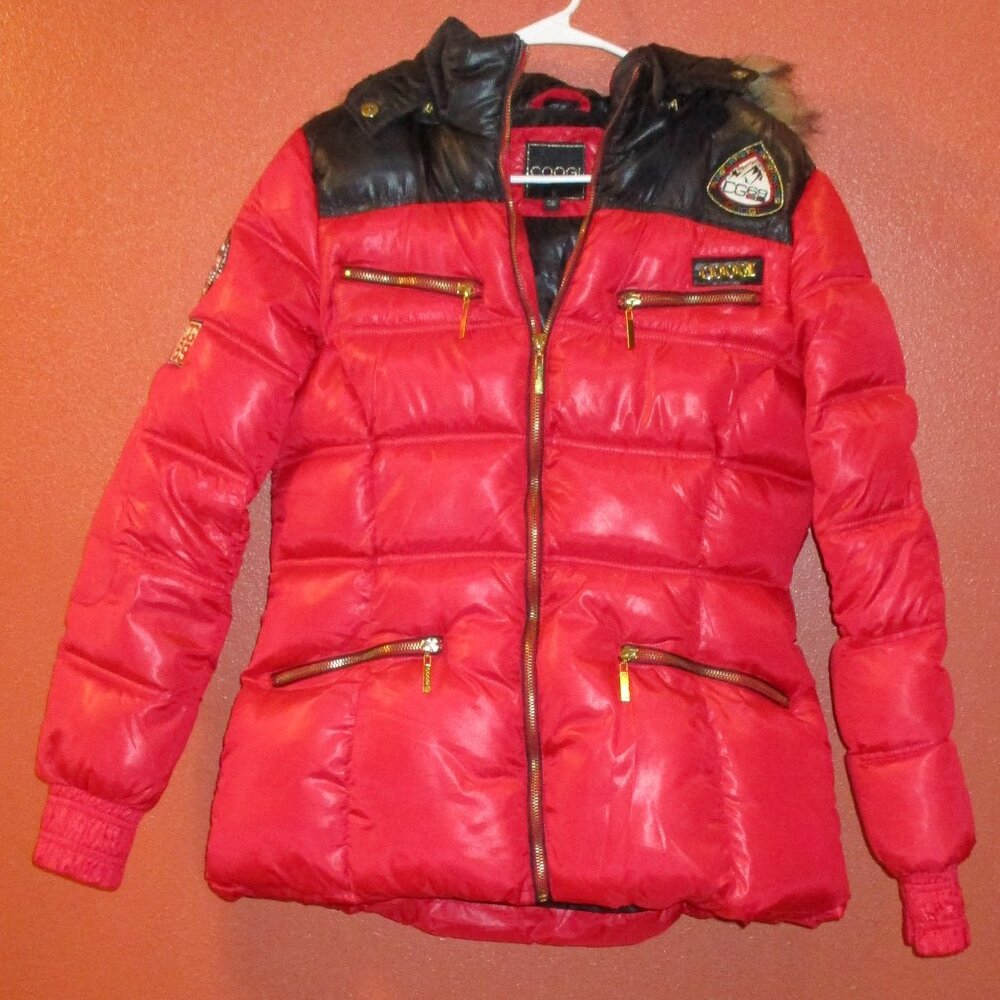 COOGI Puffer Jacket Woman Large Red Black Faux Fur Full Zip Pockets Hood Jacket